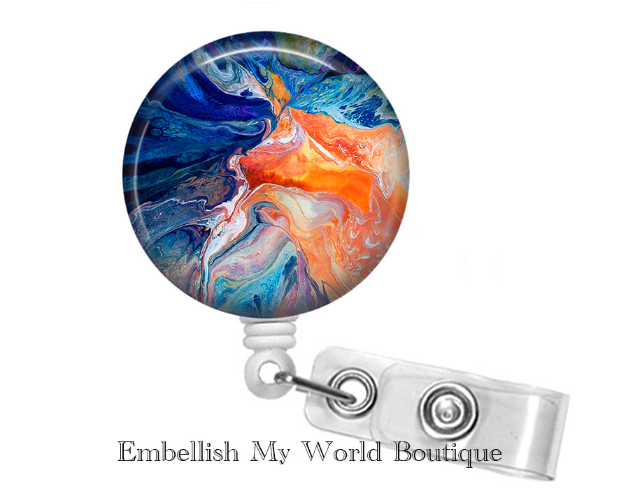 Blue and Orange Marbled Badge Reel