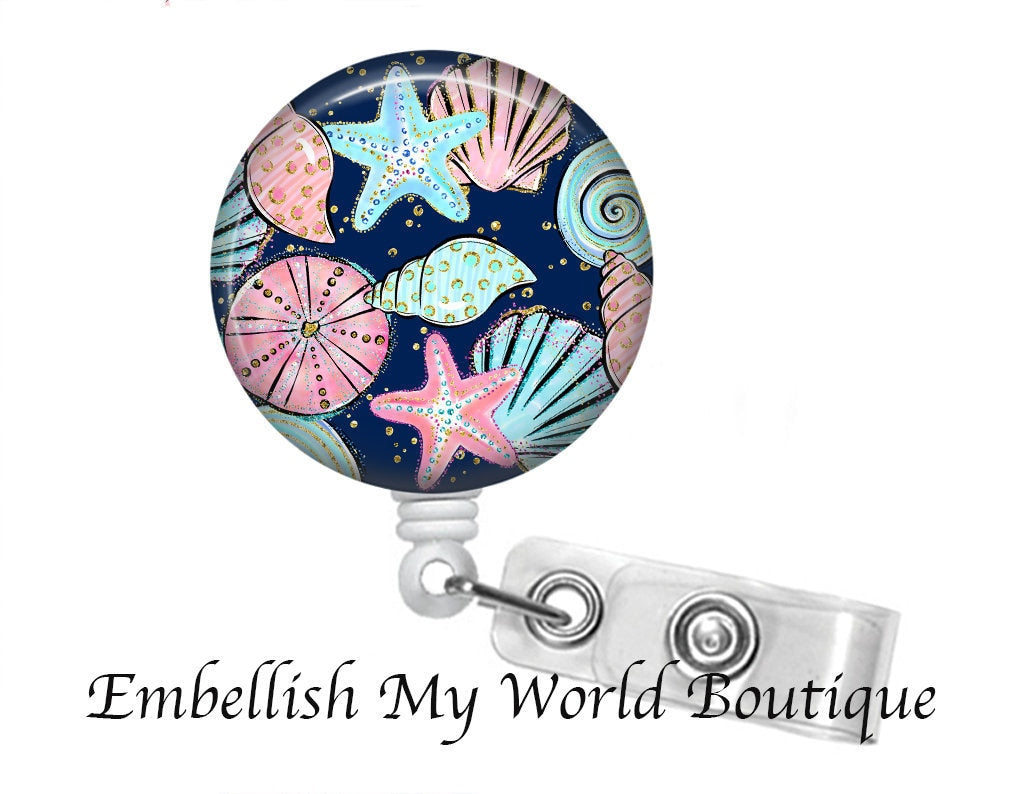 Starfish and Shells Badge Reel/Retractable Badge Reel/Nurse Badge Reel/Badge Holder/ID Holder/Badge Reel/Nurse Gift/Summer badge/Sea Life