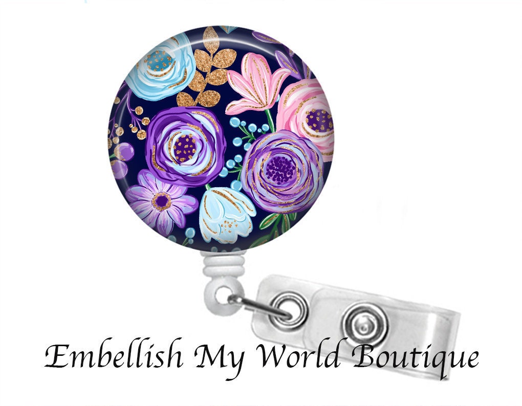 Floral Badge Reel- Blue, pink, and purple