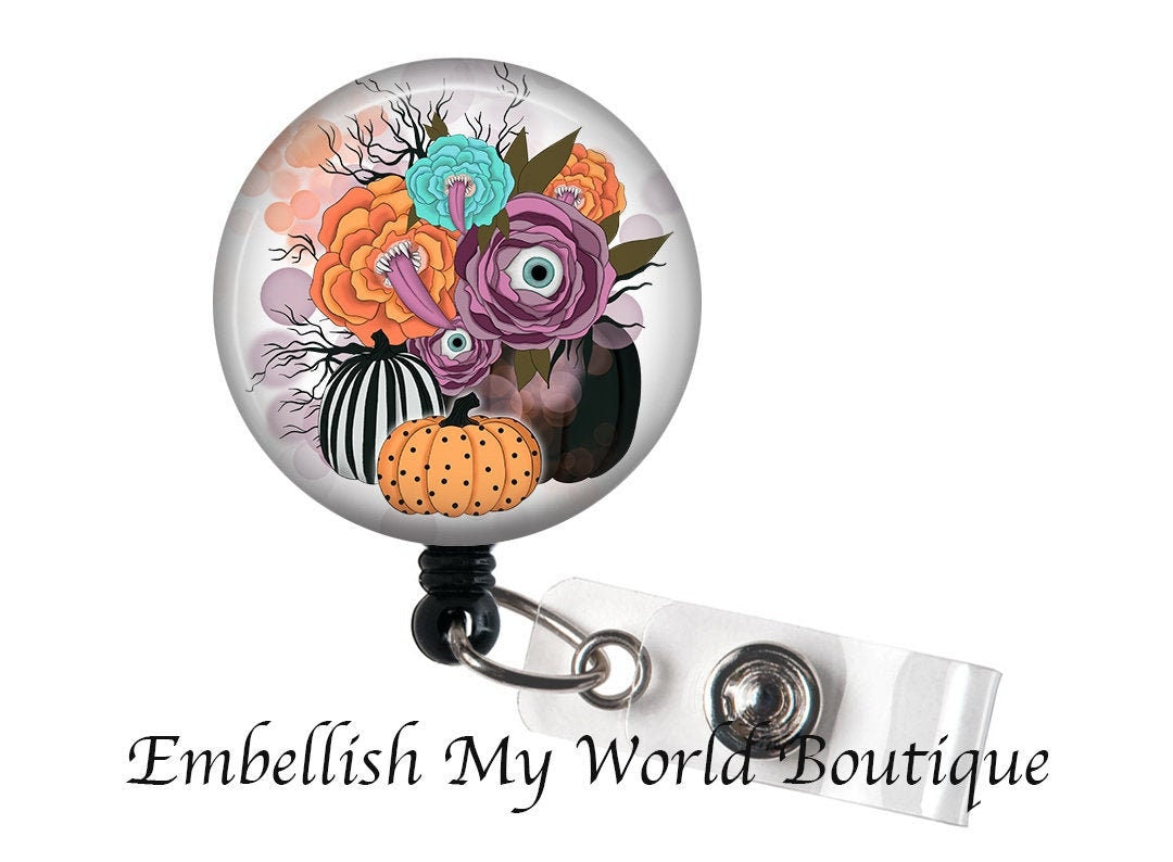 Halloween Badge Reel- Flowers, Pumpkins and Eyes