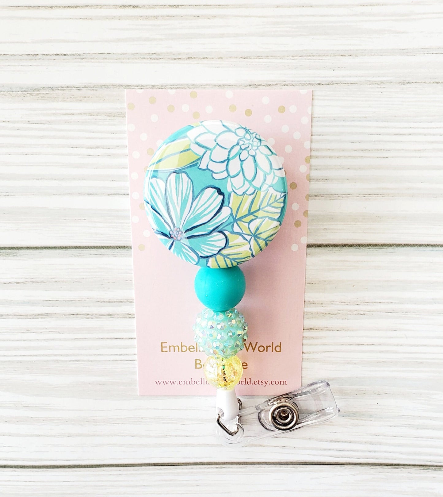 Beaded Teal Floral Badge Reel