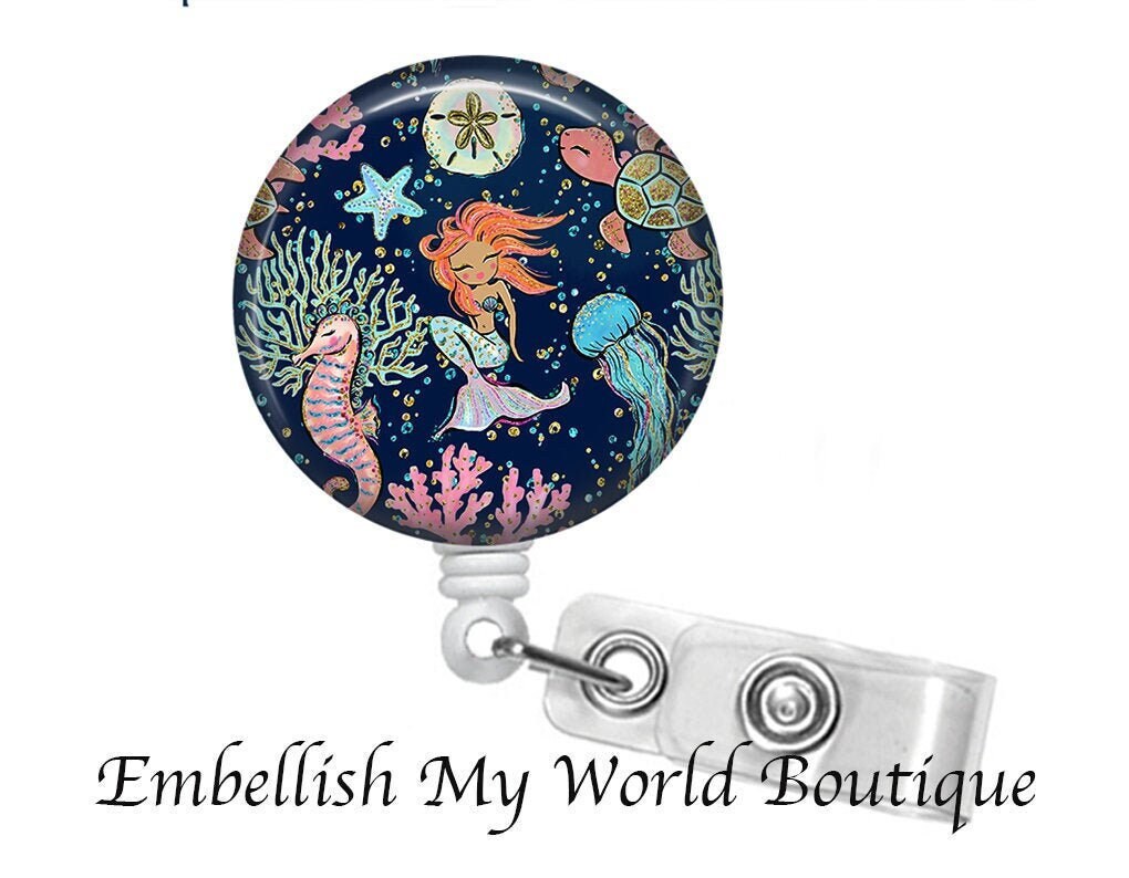 Mermaid Badge Reel/Retractable Badge Reel/Nurse Badge Reel/Badge Holder/ID Holder/Badge Reel/Nurse Gift/Summer badge/Sea Life Badge/Seahorse