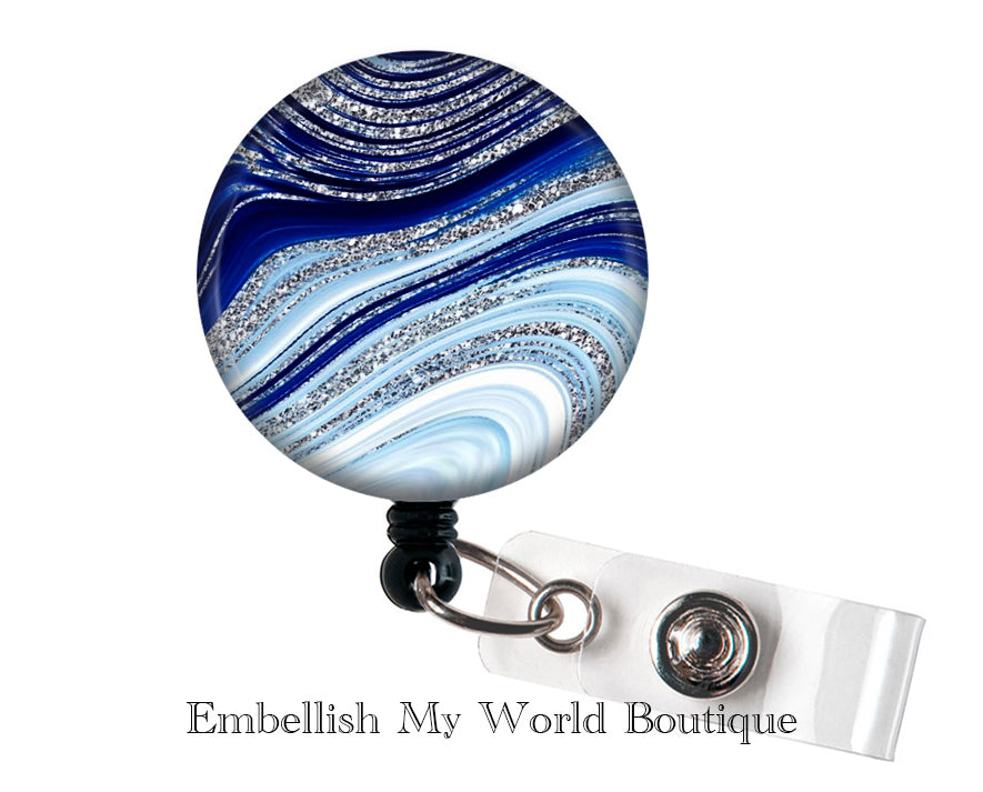 Blue and Silver Marble Badge Reel