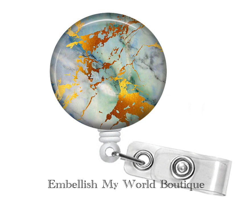 Sage & Gold Marble Badge Reel