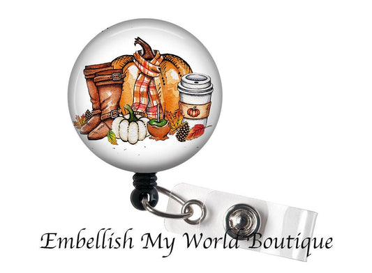 Fall Badge Reel/Pumpkin Boots Latte
