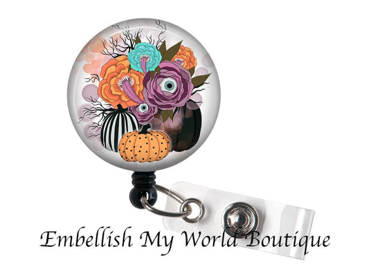 Halloween Badge Reel- Flowers, Pumpkins and Eyes