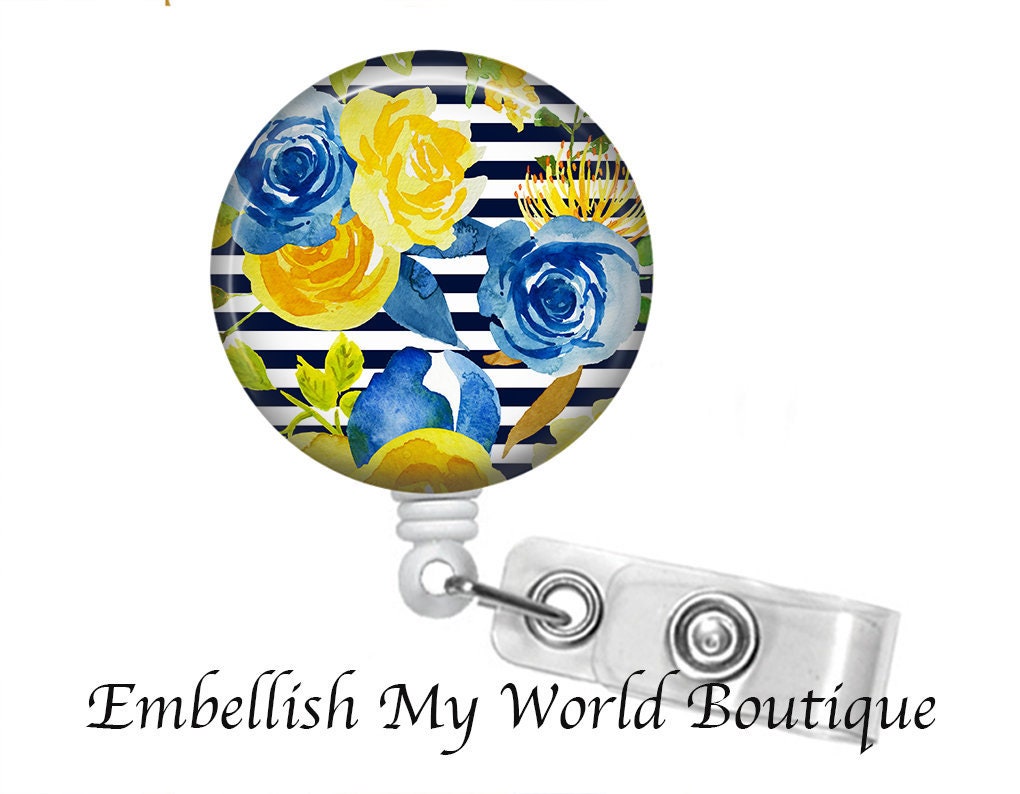 Floral Badge Reel- Blue Yellow with Black Stripe